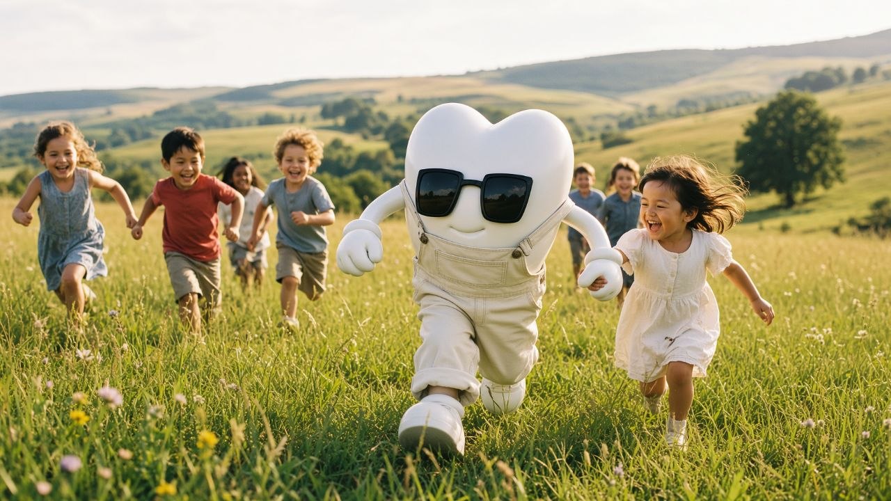 The REMUS mascot running through a sunlit meadow with laughing kids
